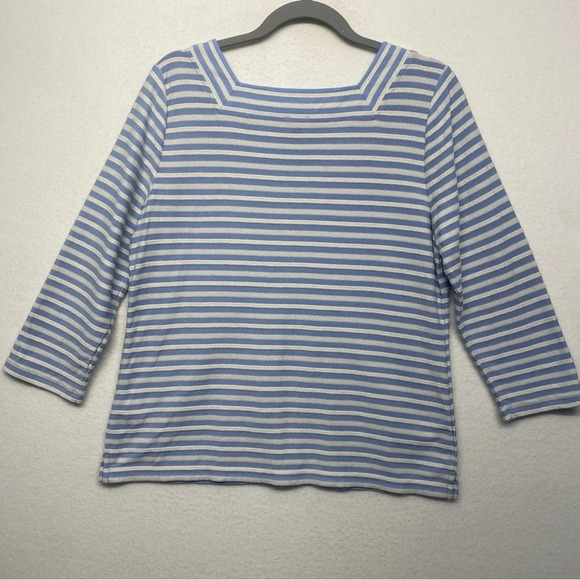 Talbots Petites LP PL Stripe Square Neck Blouse Blue White Nautical Shirt - Picture 2 of 5
